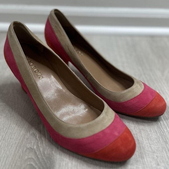 Talbots Shoes Womens Size 8.5 B Suede Pumps Pink Red Tan Block Heel Cap Toe - Picture 1 of 9
